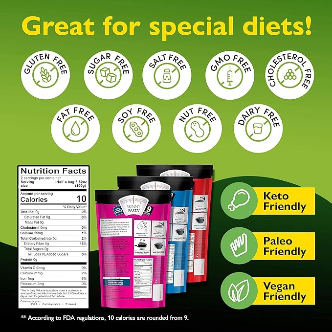 SKINNY PASTA Variety Pack - Healthy Konjac Shirataki Noodles, Low Carb Keto Pasta, Gluten Free, 6