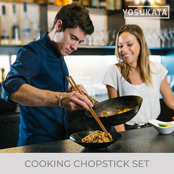 YOSUKATA Reusable Natural Wooden Long Cooking Chopsticks Set of 3 pairs: 11.8 inch, 13-inch, 14.2