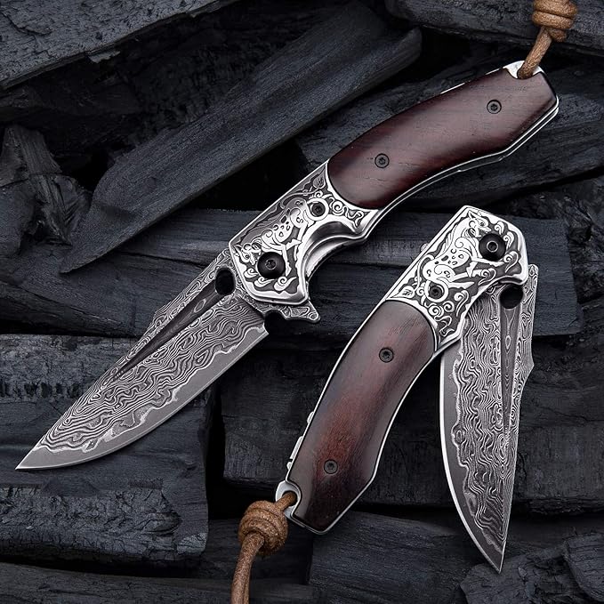 Handmade japanese vg10 damascus steel pocket knife,rosewood handle,sheath,liner lock,folding knives
