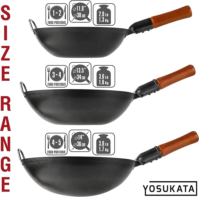 YOSUKATA 13.5" Carbon Steel Wok Pan – Pre-Seasoned Flat Bottom Pow Wok for Stir Fry, BBQ, Grill &