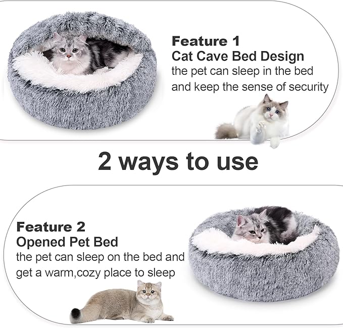 Calming Dog Beds & Cat Cave Bed with Hooded Cover,Removable Washable Round Beds for Small Medium
