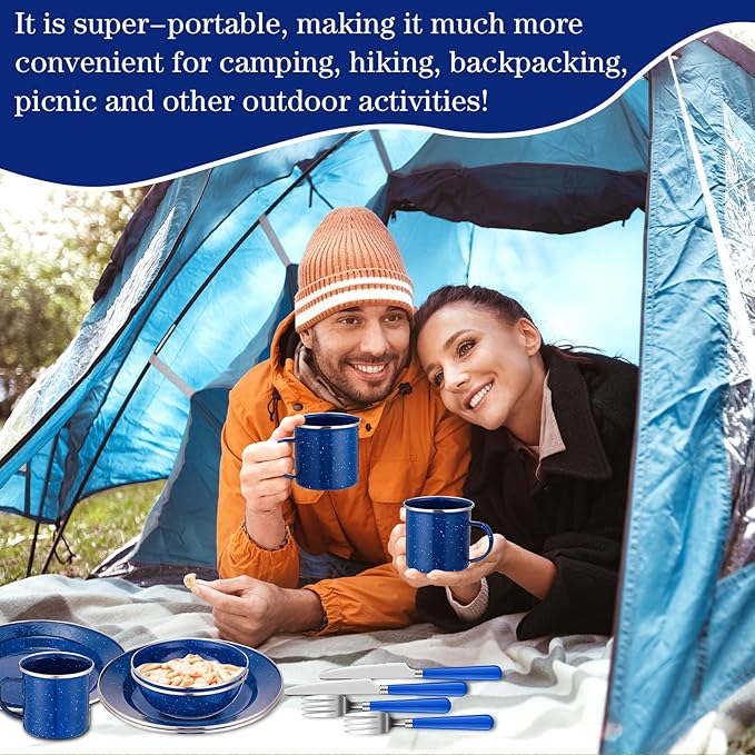 Nuogo 12 Pcs Enamel Camping Tableware Set Dinnerware Kit Includes 12 oz Coffee Mugs Camping Plates