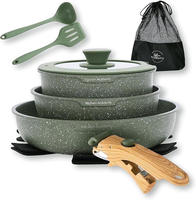 Kitchen Academy Removable Handle Pots and Pans Set - 10 Pieces Green Cookware Set with Removable