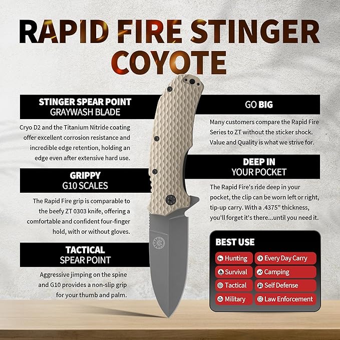 Off-Grid Knives - Rapid Fire Stinger, Assisted Spear Point Blade, Hard Use Build, Tactical, Camping