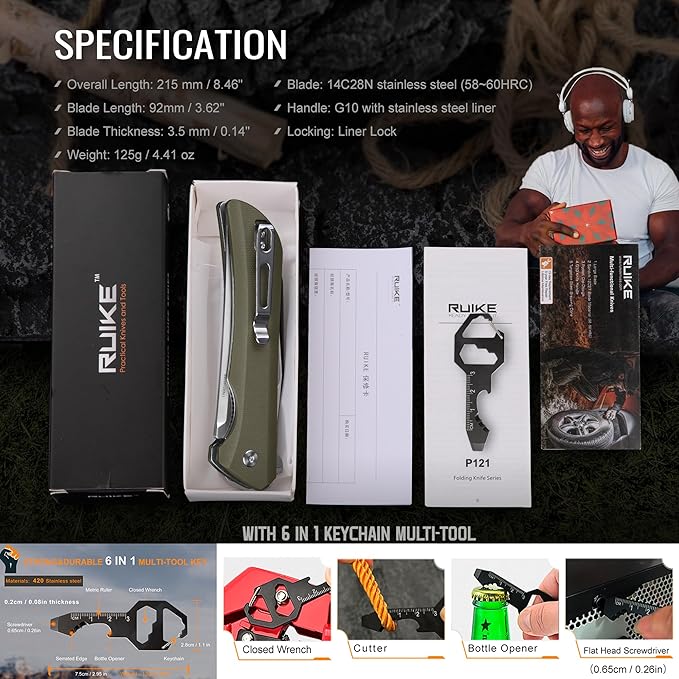 Heavy Outdoor Tactical Folding Pocket Knife for men,14C28N Stainless Steel Blade,G10 Handle,Liner