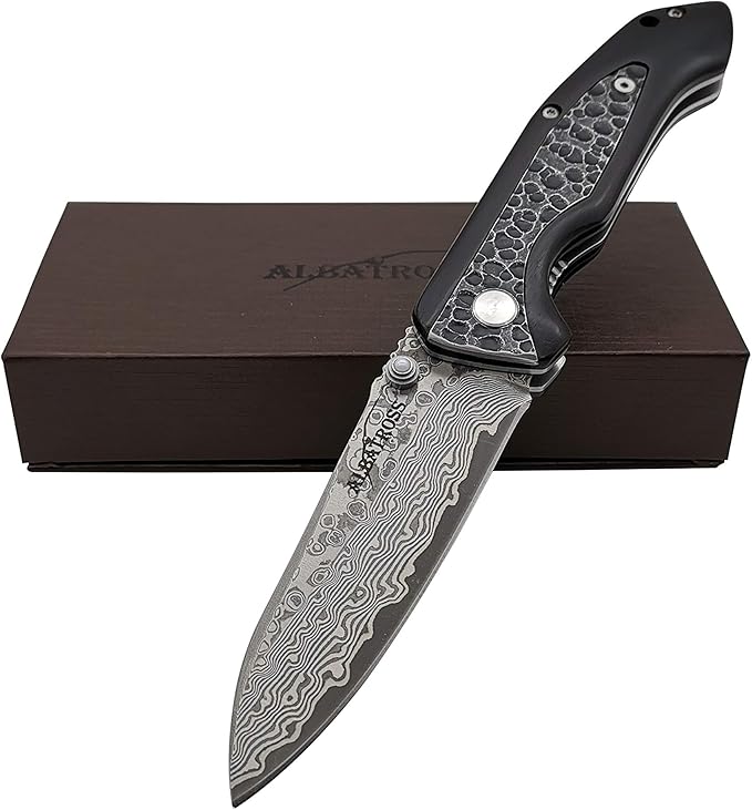 ALBATROSS Premium EDC Pocket Folding Knife with 3.5" Damascus Steel Blade & Ebony Wood Handle