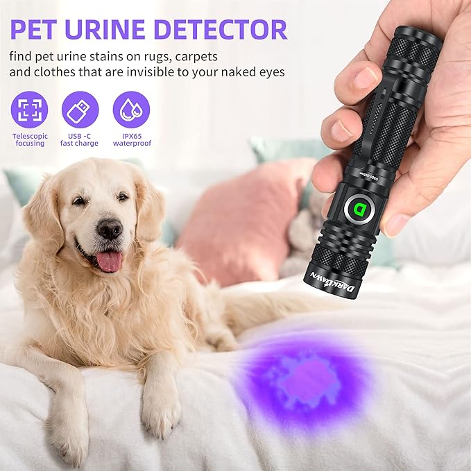 DARKDAWN UV 395nm Light Flashlight USB Rechargeable Ultraviolet LED Woods Lamp Portable Blacklight