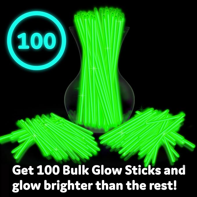 PartySticks Green Glow Sticks - 100pk, 8 Inch Glow in the Dark Light Up Sticks and Connectors for