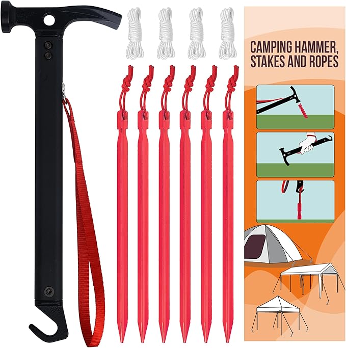 Eurmax USA Hiking Camping Tent Stakes and Hammer Set Lightweight Multi-Function Tent Hammer with