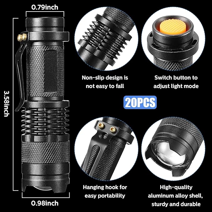 Fumete 20 Pieces LED Flashlight Mini 3 Mode Tactical Torch Small Water Resistant Pocket Flash Light