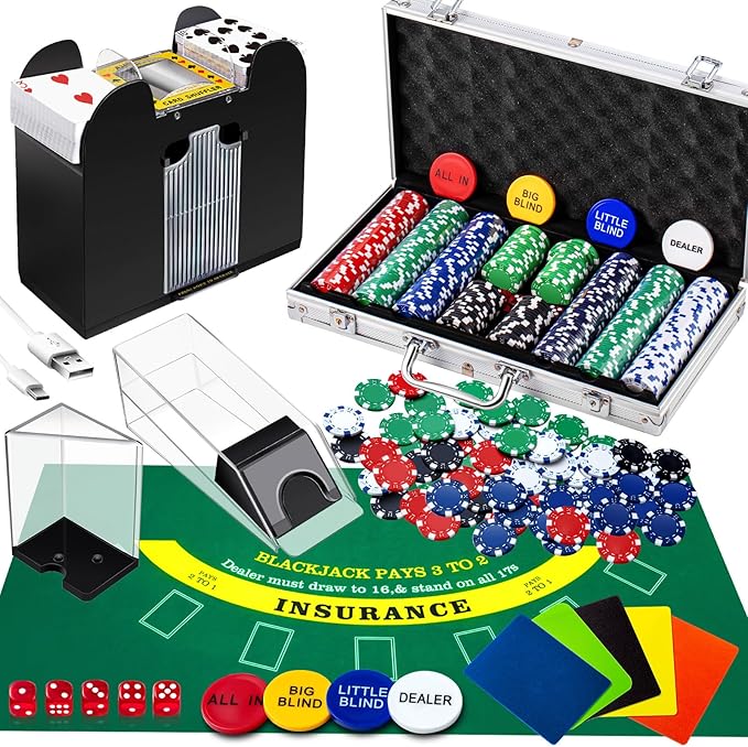 Aoriher Blackjack Casino Game Set, Include 300 Poker Chips, Casino Felt 1 Automatic Card Shuffler 6