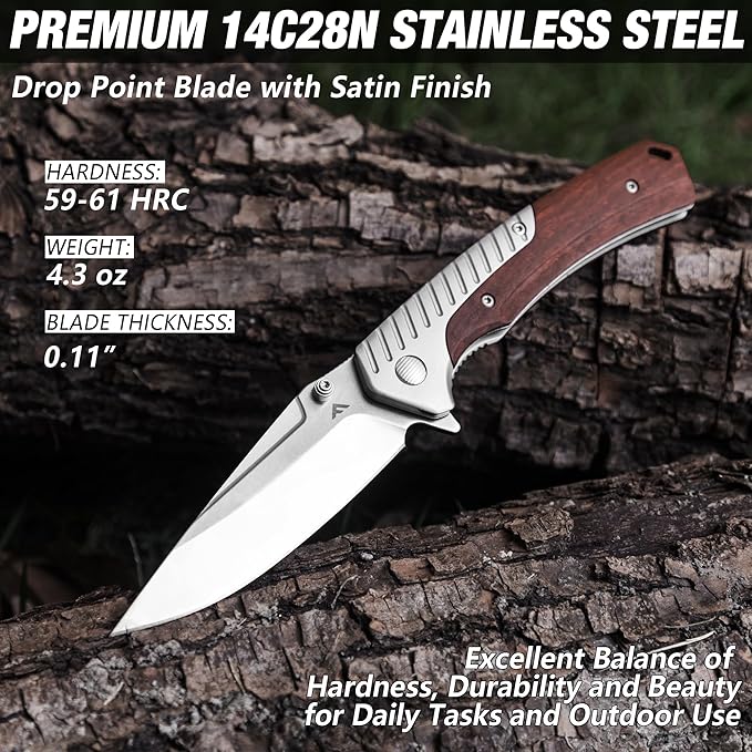 FLISSA Pocket Knife with 3.35" 14C28N Steel Blade, Liner Lock Folding Knife with Wood Handle for