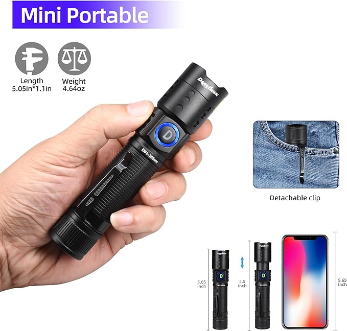DARKDAWN UV Flashlight 365nm Light Mini USB Rechargeable Ultraviolet LED Blacklight Woods Lamp