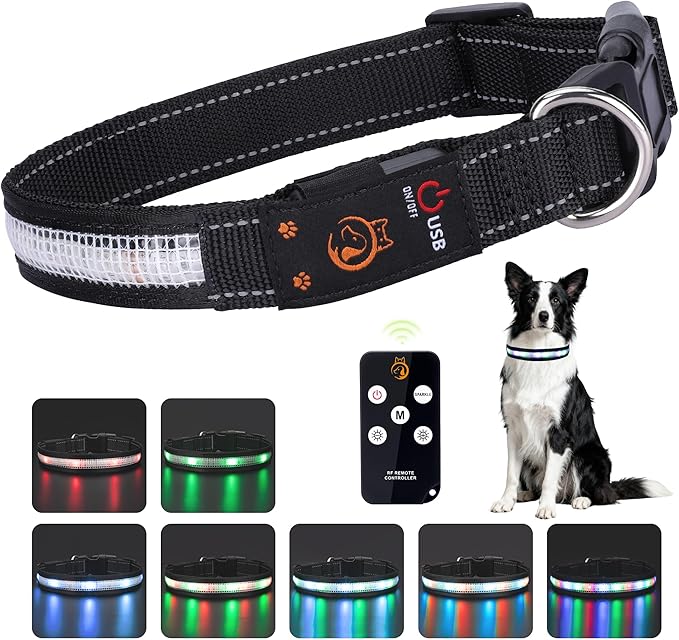 Light Up Dog Collar,Rechargeable Waterproof Led Dog Collar with Remote,Glow in Dark for Night