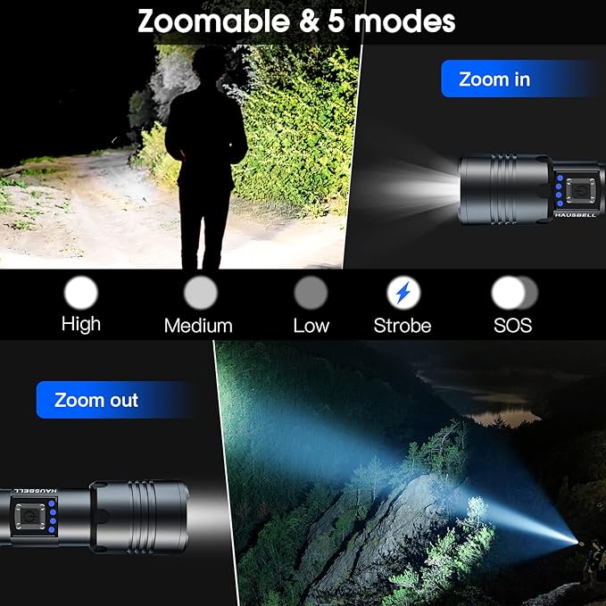 HAUSBELL A100 Upgraded LED Flashlights 20000 High Lumens, Zoomable Bright Flashlight with 5 Modes
