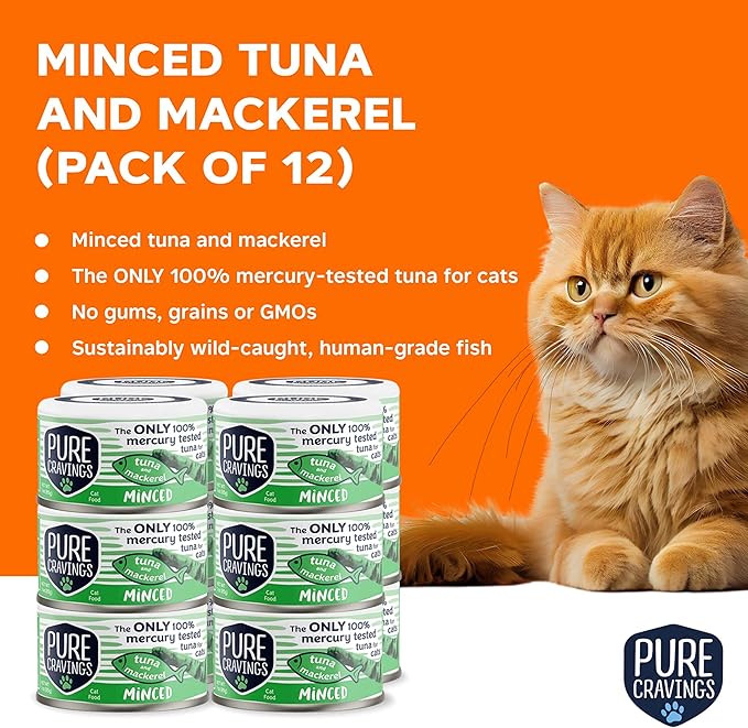 Pure Cravings Minced Tuna and Mackerel Wet Canned Cat Food, 100% Mercury-Tested Tuna, Moist Can