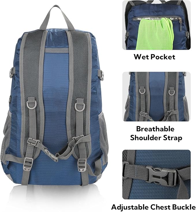 WATERFLY Lightweight Packable Hiking Backpack: 30L Foldable Travel Daypack Ultralight Camping Day