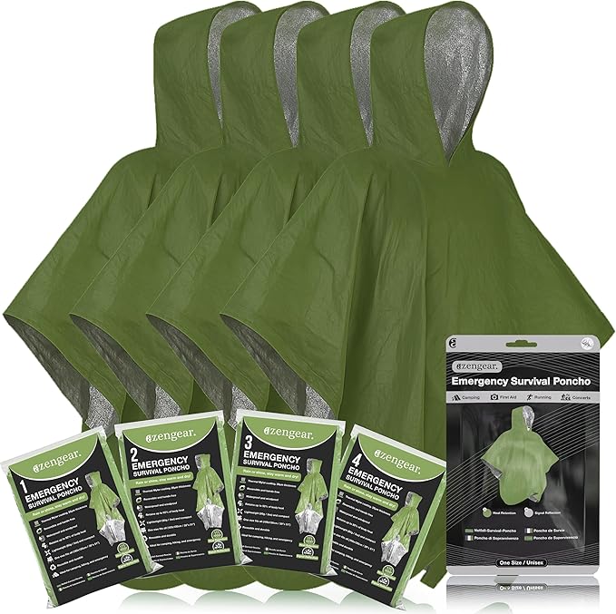 aZengear Emergency Survival Poncho (4pc) Thermal Mylar Foil Blanket for Heat Retention and Rain |