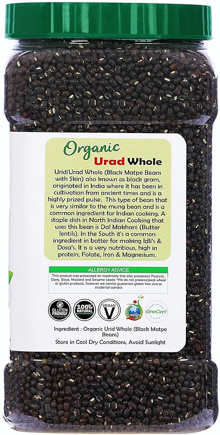Rani Organic Urid/Urad Whole Black (Matpe Beans With Skin) Indian Lentils 64oz (4lbs) 1.81kg Bulk