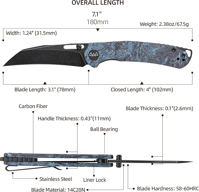 Folding Pocket Knife, 3.1" Stonewash Blade EDC Knife with Safety Liner Lock, Small Pocket Knife