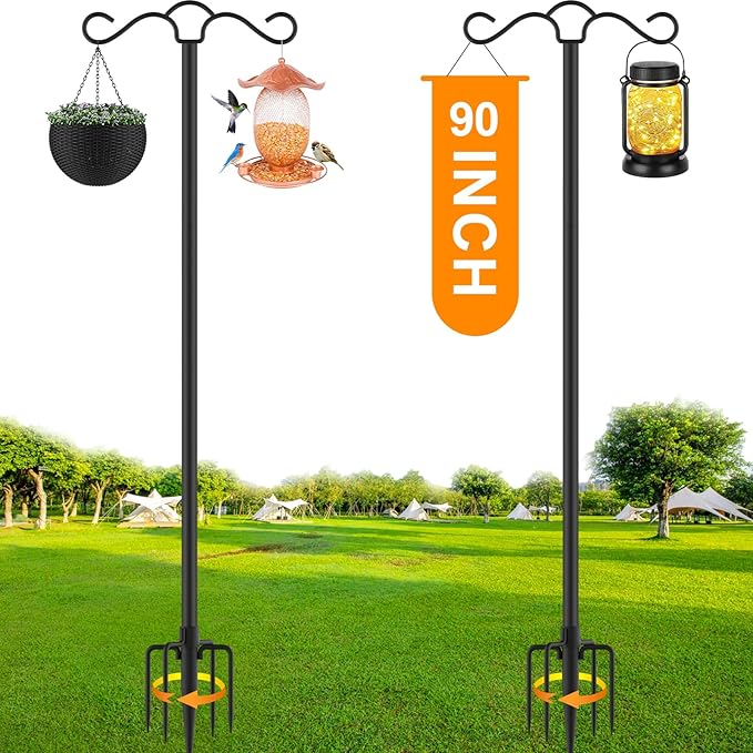 Double Shepherds Hook for Outdoor with 5 Prong Base 90 Inch Heavy Duty Two Sided Bird Feeder Pole