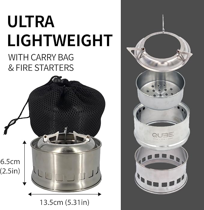 Portable Camping Stove with 3 Fire Starters ??Stainless Steel Wood Burning Mini Camp Stove