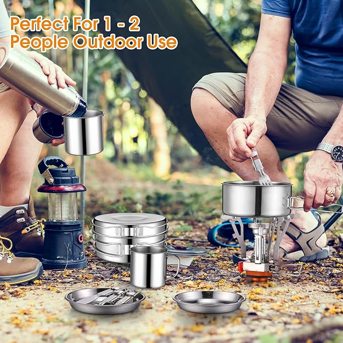 15 Pcs Camp Cooking Set Stainless Steel Camping Cookware Mess Kit with Pot Pan and Stove 2 Set