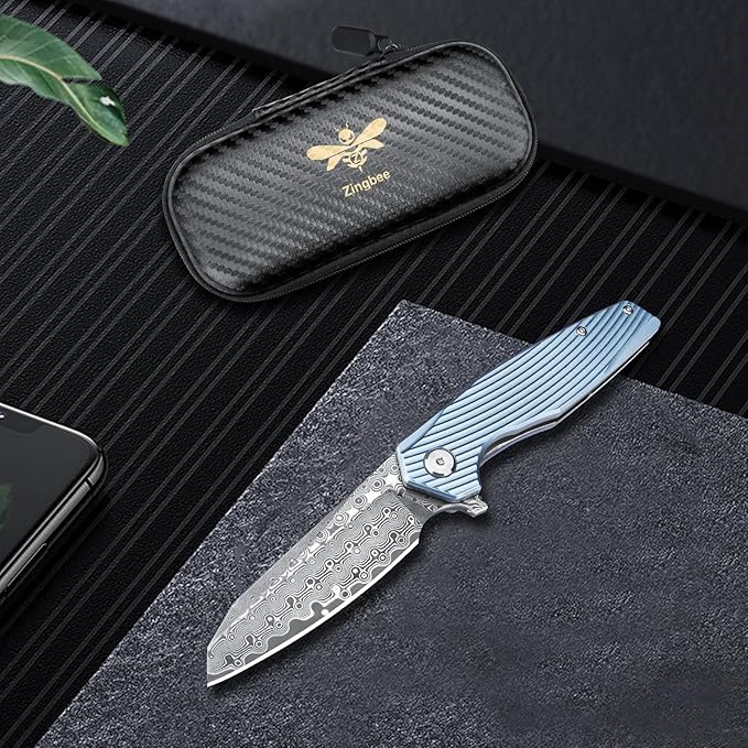 Damascus Pocket Knife 3.46" Damascus Steel Blade EDC Pocket Knives & Folding Knives for Men Women
