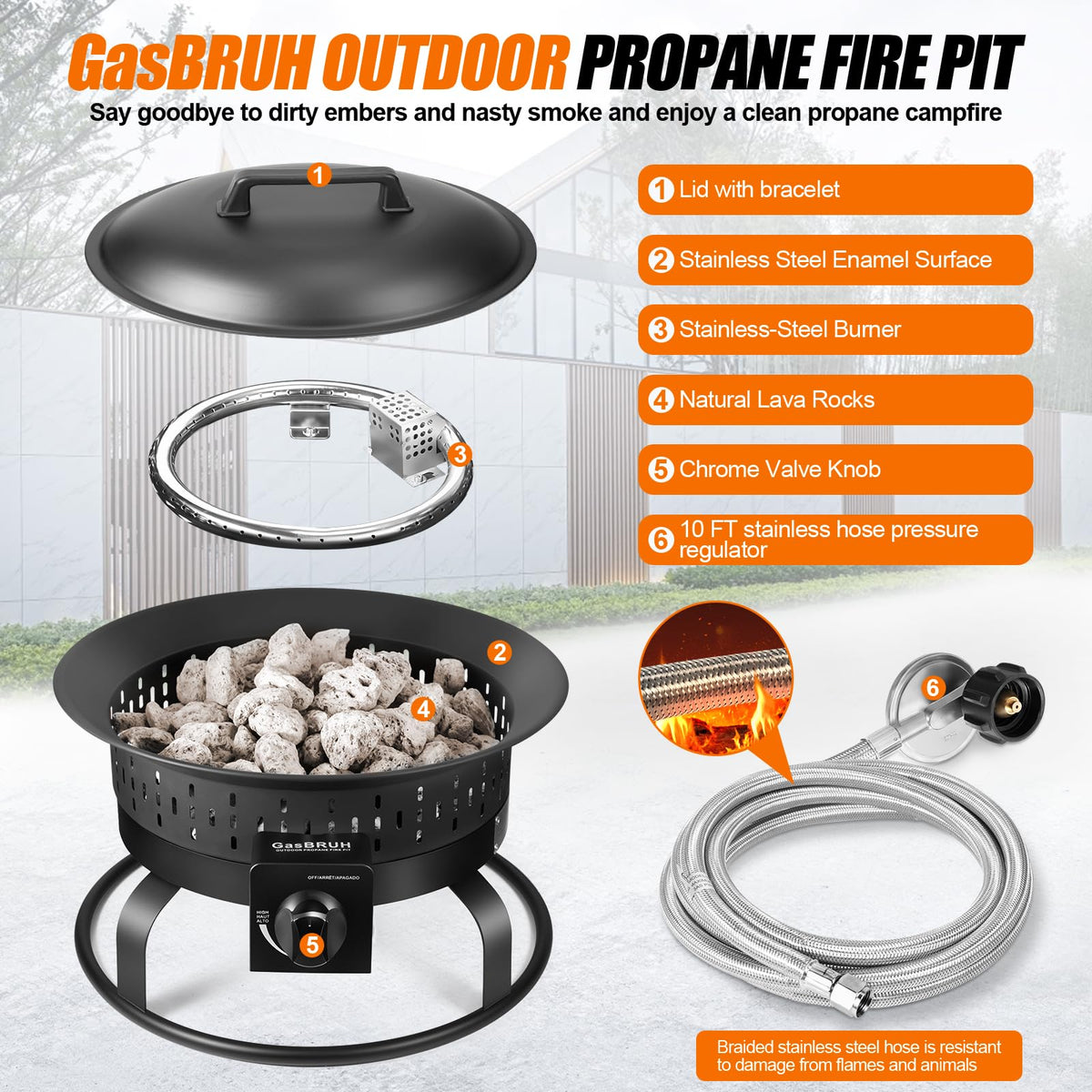 GasBRUH 19″ Outdoor Portable Propane Fire Pit with Grill Grate, Cover&Carry Kit,Fireplace,60,000