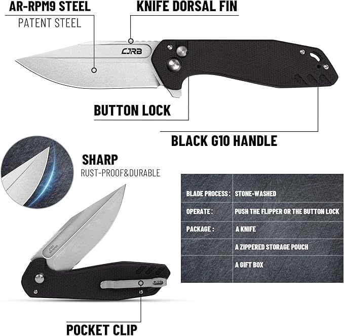 CJRB CUTLERY Folding Knife Riff (J1928) Button Lock Pocket Knife for Men AR-RPM9 Steel Blade and