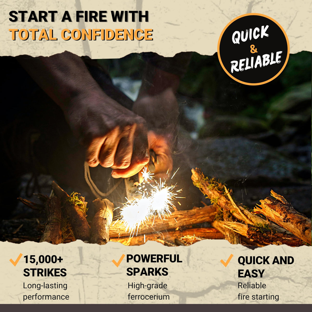 Ferro Rod Fire Starter Kit with Fatwood Tinder Stick - 3/8" Thick Ferrocerium Flint and Steel Fire