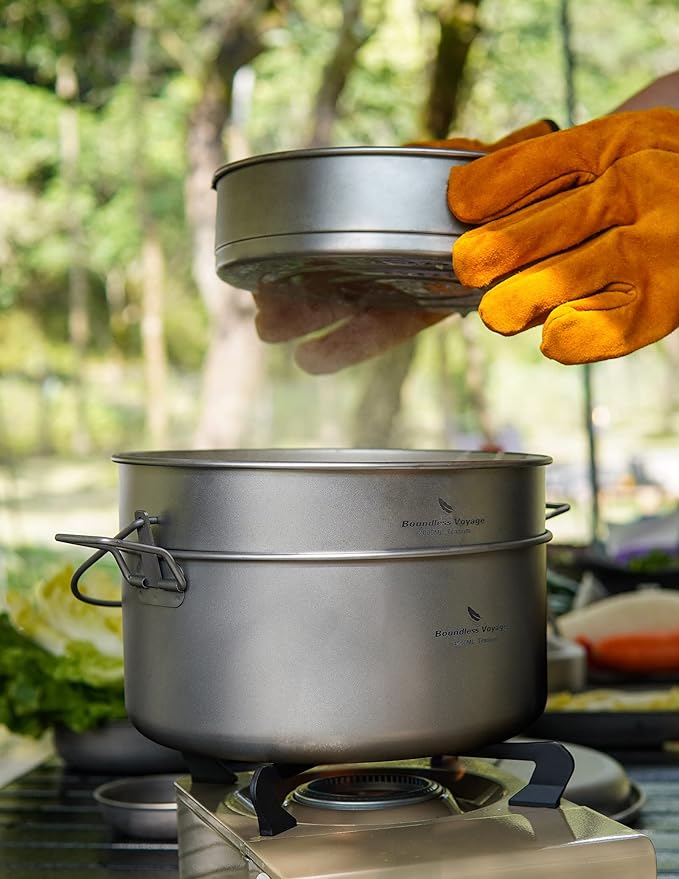 Boundless Voyage Titanium 4.5L Hanging Pot with Steaming Rack Folding Handle Outdoor Camping