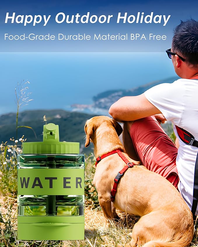 77oz Dog Water Dispenser, Camping Essentials, Large Travel Bottle with Pull-Out Drinking Bowl