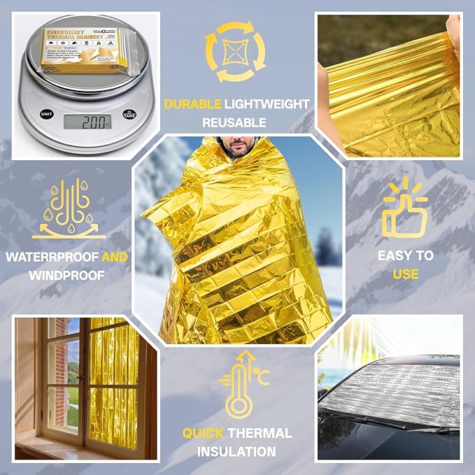 SecuCaptain Survival Emergency Thermal Blankets: Extra Large 84??x63??Space Mylar Blanket Kit for