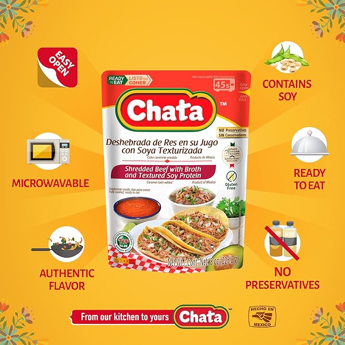 Chata Authentic Carne de Res Deshebrada, Seasoned Shredded Beef, 8 oz, Pack of 1