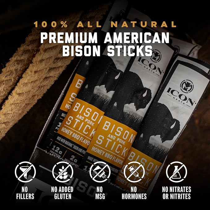 ICON Meats Bison and Pork Snack Sticks - Honey BBQ Flavor - 24 Pack of Individually Wrapped Jerky