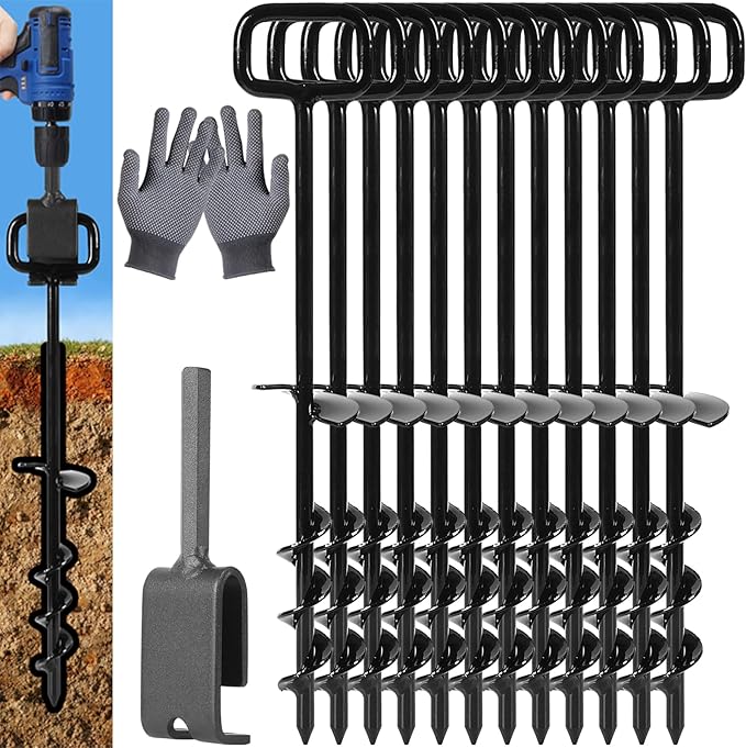 16In Tent Stakes with 12PCS Heavy Duty Adapter, Screw Ground Anchors, Tree Straightening Kit