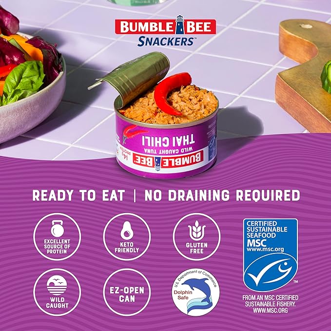 Bumble Bee Snackers - Thai Chili Tuna, 3 oz Easy Open Can - 14g Protein per Serving - Wild Caught