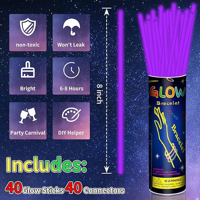 40 Pack 8” Purple Glow Sticks Bulk with 40 Connectors Neon Glow In Sticks Necklaces The Dark Party
