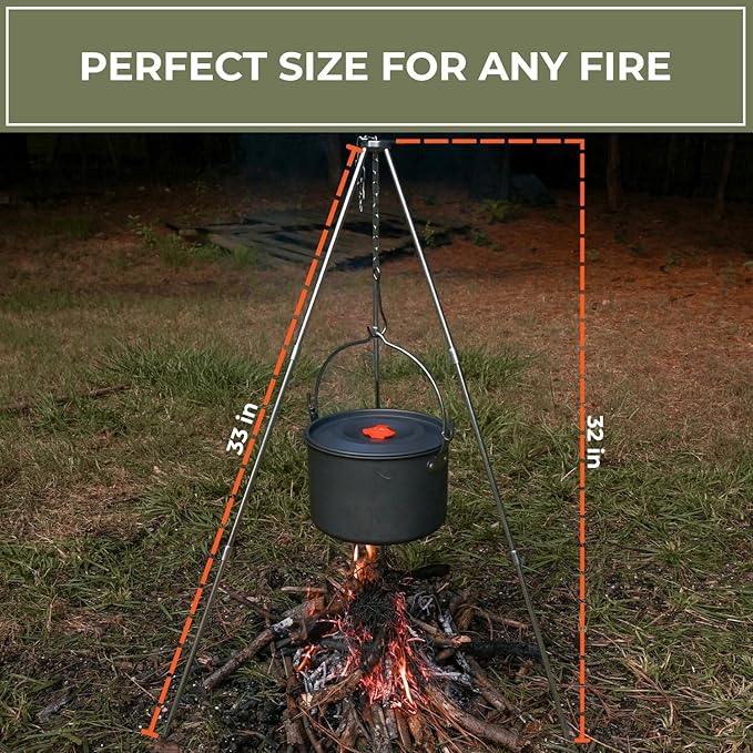 Tactiko Survival Campfire Cooking Tripod ??33" Stainless Steel Folding Stand with Adjustable Chain