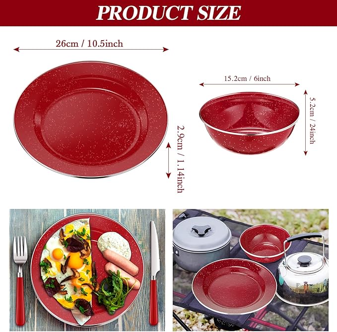 Nuogo 12 Pcs Enamel Camping Tableware Set Dinnerware Kit Includes 12 oz Coffee Mugs Camping Plates