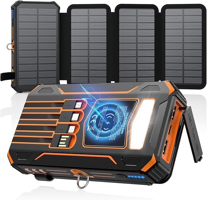 SOARAISE Solar Charger Power Bank - 48000mAh Wireless Portable Charger Built-in 4 Cables and 4
