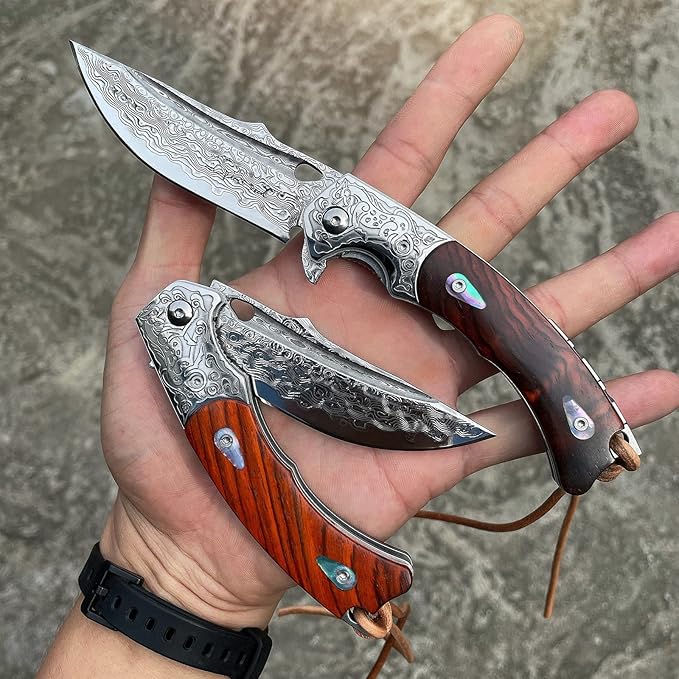 Handmade knife Japanese VG10 Damascus Steel Folding Knife,Rosewood Liner Lock Handle,EDC Pocket
