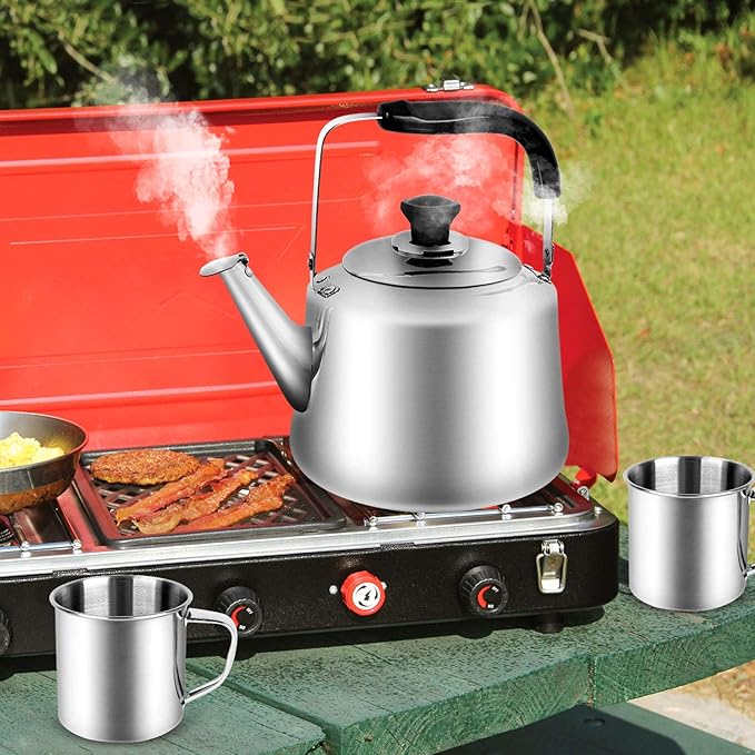 Odoland 4L Camping Kettle Set with 4 Cups, Durable Stainless Steel Camp Tea Coffee Water Pot with 4