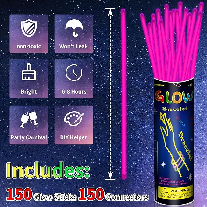 150 Pack 8” Pink Glow Sticks Bulk with 150 Connectors Neon Glow In The Dark Party favors Supplies
