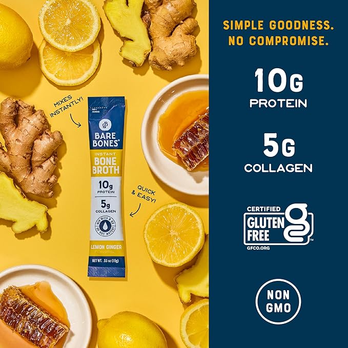 Bare Bones Bone Broth Instant Powdered Mix, Lemon Ginger, Pack of 16, 15g Sticks, 10g Protein, Keto