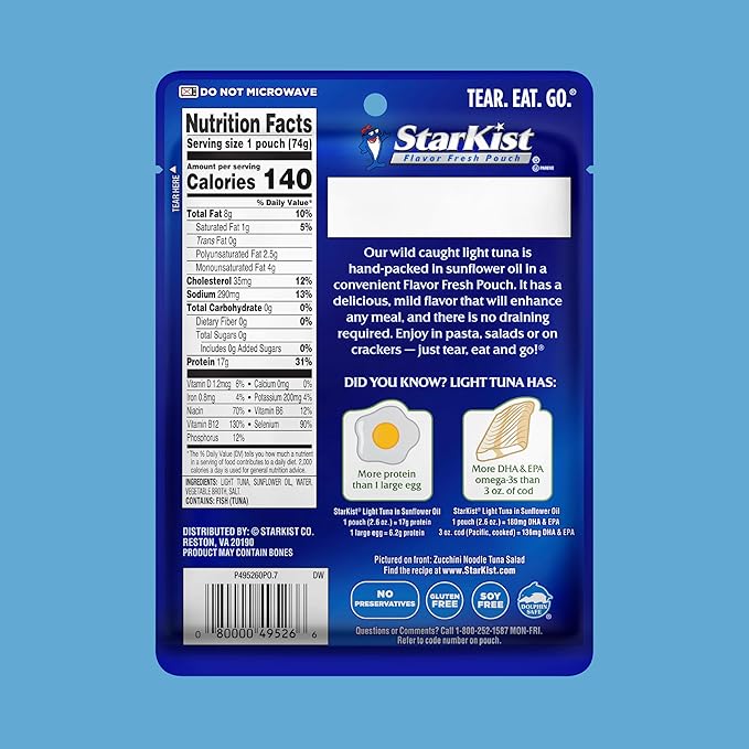StarKist Chunk Light Tuna in Sunflower Oil, 2.6 oz Pouch (24 Pack) Ready to Eat Wild Caught Tuna