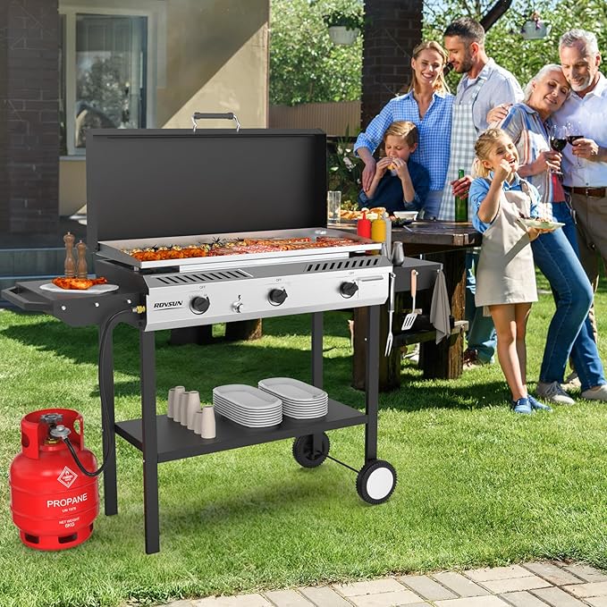 ROVSUN 3 Burner Outdoor Propane Gas Stove with Griddle, Ignition & Side Shelves, 225,000 BTU