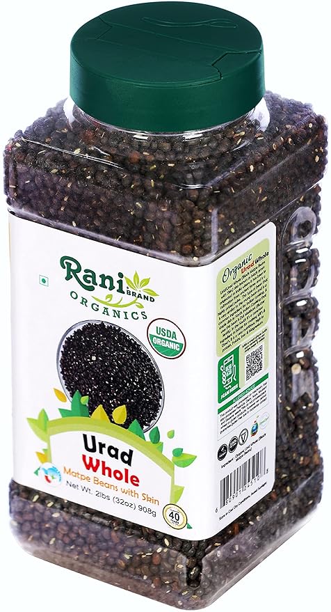 Rani Organic Urid/Urad Whole Black (Matpe Beans With Skin) Indian Lentils 32oz (2lbs) 908g PET Jar