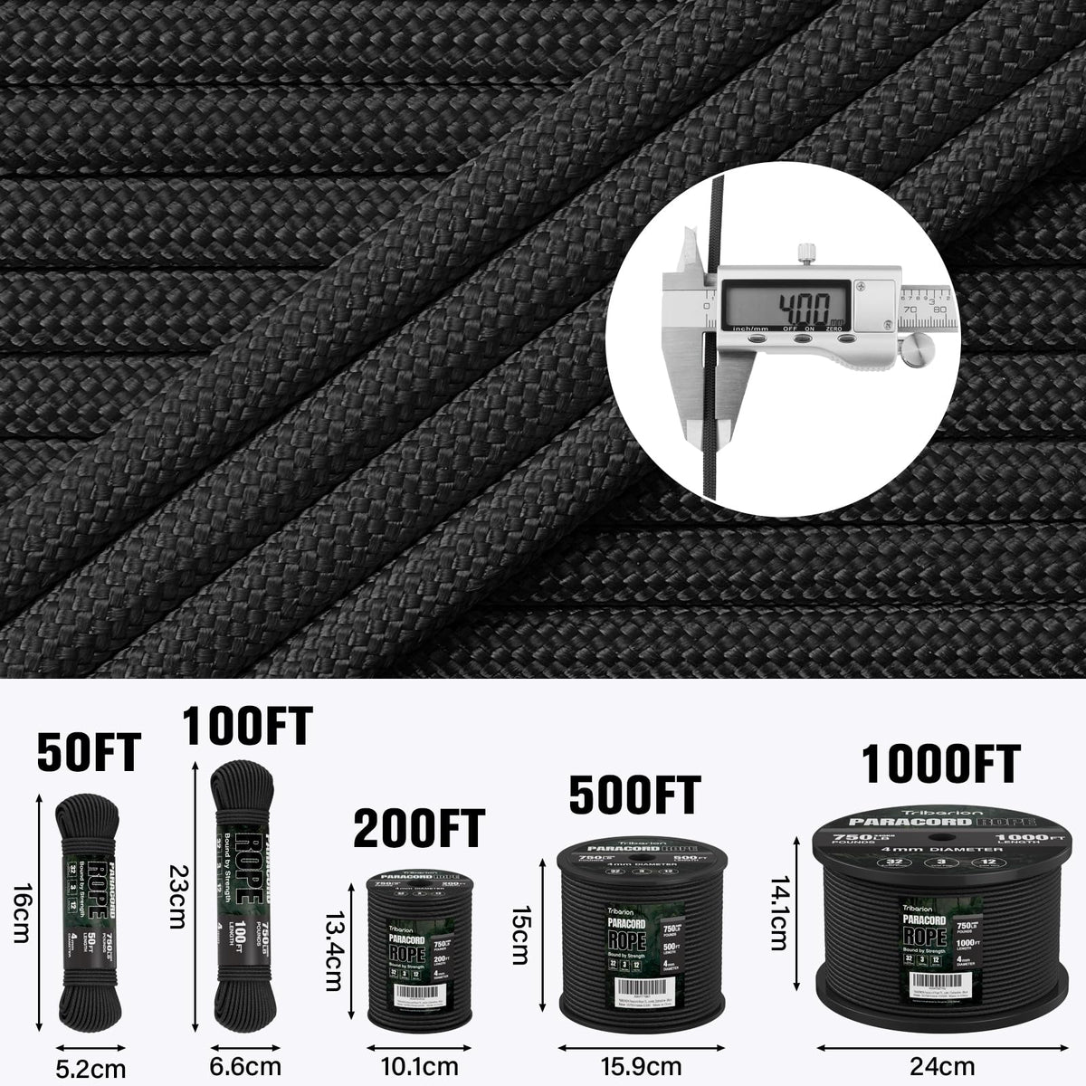 TRIBERION Paracord Rope 750 lb - 200ft 5/32" Parachute Cord 4MM 12-Strand para Cord - Heavy Duty